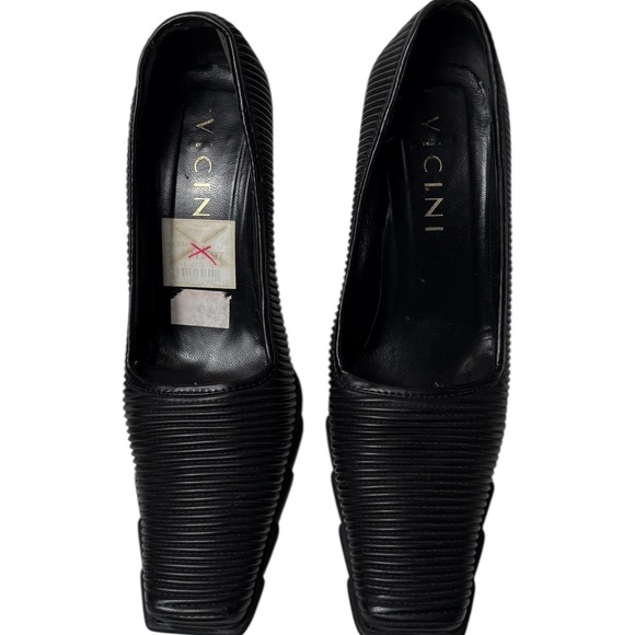 Vicini Black Ribbed Square Toe Block Heel Pumps Women's Size‎ 38 Made in Italy - Picture 3 of 6